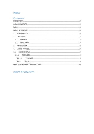 ÍNDICE
Contenido
DEDICATORIA.......................................................................................................................2
AGRADECIMIENTO ...............................................................................................................3
ÍNDICE.................................................................................................................................4
INDICE DE GRAFICOS ............................................................................................................4
1. INTRODUCCION ............................................................................................................6
2. OBJETIVOS....................................................................................................................7
2.1. GENERAL...............................................................................................................7
2.2. ESPECIFICO............................................................................................................7
3. JUSTIFICACION..............................................................................................................8
4. MARCO TEORICO ..........................................................................................................9
4.1. REDES SOCIALES........................................................................................................9
4.1.1. FACEBOOK.........................................................................................................9
4.1.1.1. VENTAJAS ..................................................................................................9
4.1.2. TWITER..........................................................................................................9
CONCLUSIONES Y RECOMENDACIONES ...............................................................................10
INDICE DE GRAFICOS
 