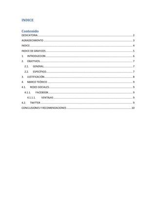 INDICE
Contenido
DEDICATORIA............................................................................................................................ 2
AGRADECIMIENTO .................................................................................................................... 3
INDICE...................................................................................................................................... 4
INDICE DE GRAFICOS ................................................................................................................. 5
1. INTRODUCCION ................................................................................................................. 6
2. OBJETIVOS......................................................................................................................... 7
2.1. GENERAL.................................................................................................................... 7
2.2. ESPECÍFICO................................................................................................................. 7
3. JUSTIFICACIÓN................................................................................................................... 8
4. MARCO TEÓRICO ............................................................................................................... 9
4.1. REDES SOCIALES............................................................................................................. 9
4.1.1. FACEBOOK.............................................................................................................. 9
4.1.1.1. VENTAJAS....................................................................................................... 9
4.2. TWITTER........................................................................................................................ 9
CONCLUSIONES Y RECOMENDACIONES .....................................................................................10
 