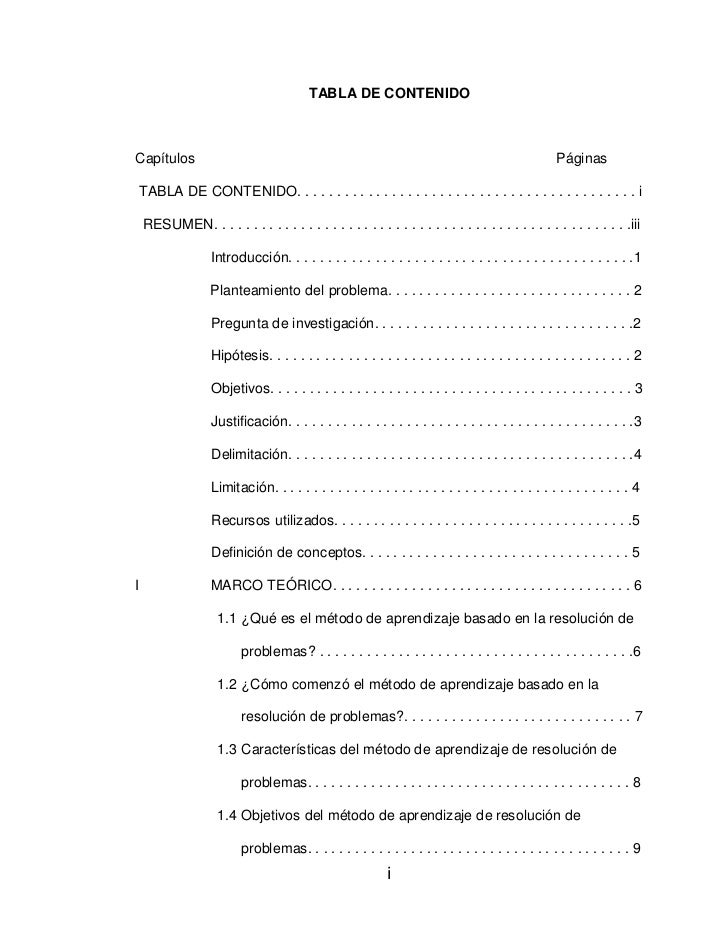 Tabla De Contenido Y Resumen