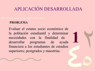APLICACIÓN DESARROLLADA Evaluar el estatus socio económico de la población estudiantil y determinar necesidades con la finalidad de  desarrollar programas de ayuda financiera a los estudiantes de estudios superiores; postgrados y maestrías. PROBLEMA 1 