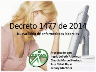 Decreto 1477 de 2014
Nueva Tabla de enfermedades laborales
Presentado por:
Ingrid Julieth Albornoz
Claudia Marcel Hurtado
July Natali Rojas
Ginary Martínez
 