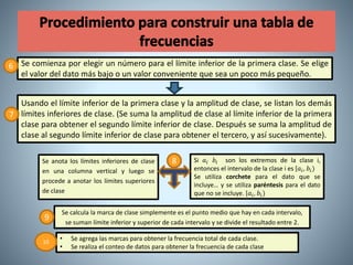 Se comienza por elegir un número para el límite inferior de la primera clase. Se elige
el valor del dato más bajo o un valor conveniente que sea un poco más pequeño.
Usando el límite inferior de la primera clase y la amplitud de clase, se listan los demás
límites inferiores de clase. (Se suma la amplitud de clase al límite inferior de la primera
clase para obtener el segundo límite inferior de clase. Después se suma la amplitud de
clase al segundo límite inferior de clase para obtener el tercero, y así sucesivamente).
Se anota los límites inferiores de clase
en una columna vertical y luego se
procede a anotar los límites superiores
de clase
Si 𝑎𝑖 𝑏𝑖 son los extremos de la clase i,
entonces el intervalo de la clase i es [𝑎𝑖, 𝑏𝑖)
Se utiliza corchete para el dato que se
incluye… y se utiliza paréntesis para el dato
que no se incluye. [𝑎𝑖, 𝑏𝑖)
Se calcula la marca de clase simplemente es el punto medio que hay en cada intervalo,
se suman límite inferior y superior de cada intervalo y se divide el resultado entre 2.
• Se agrega las marcas para obtener la frecuencia total de cada clase.
• Se realiza el conteo de datos para obtener la frecuencia de cada clase
6
7
8
9
10
 