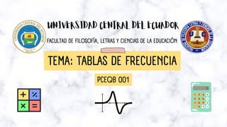TEMA: TABLAS DE FRECUENCIA
UNIVERSIDAD CENTRAL DEL ECUADOR
FACULTAD DE FILOSOFÍA, LETRAS Y CIENCIAS DE LA EDUCACIÓN
PCEQB 001
 