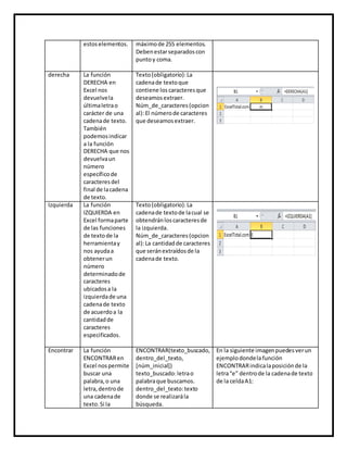 estoselementos. máximode 255 elementos.
Debenestarseparadoscon
puntoy coma.
derecha La función
DERECHA en
Excel nos
devuelvela
últimaletrao
carácter de una
cadenade texto.
También
podemosindicar
a la función
DERECHA que nos
devuelvaun
número
específicode
caracteresdel
final de lacadena
de texto.
Texto(obligatorio):La
cadenade textoque
contiene loscaracteresque
deseamosextraer.
Núm_de_caracteres (opcion
al):El númerode caracteres
que deseamosextraer.
Izquierda La función
IZQUIERDA en
Excel formaparte
de las funciones
de textode la
herramientay
nos ayudaa
obtenerun
número
determinadode
caracteres
ubicadosa la
izquierdade una
cadenade texto
de acuerdoa la
cantidadde
caracteres
especificados.
Texto(obligatorio):La
cadenade textode lacual se
obtendránloscaracteresde
la izquierda.
Núm_de_caracteres (opcion
al):La cantidadde caracteres
que seránextraídosde la
cadenade texto.
Encontrar La función
ENCONTRARen
Excel nospermite
buscar una
palabra,o una
letra,dentrode
una cadenade
texto.Si la
ENCONTRAR(texto_buscado,
dentro_del_texto,
[núm_inicial])
texto_buscado:letrao
palabraque buscamos.
dentro_del_texto:texto
donde se realizarála
búsqueda.
En la siguiente imagenpuedesverun
ejemplodondelafunción
ENCONTRARindicalaposiciónde la
letra“e” dentrode la cadenade texto
de la celdaA1:
 