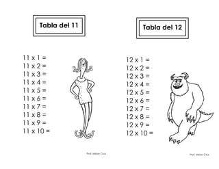Tabla del 11
11 x 1 =
11 x 2 =
11 x 3 =
11 x 4 =
11 x 5 =
11 x 6 =
11 x 7 =
11 x 8 =
11 x 9 =
11 x 10 =
Prof. Mirian Cruz
Tabla del 12
12 x 1 =
12 x 2 =
12 x 3 =
12 x 4 =
12 x 5 =
12 x 6 =
12 x 7 =
12 x 8 =
12 x 9 =
12 x 10 =
Prof. Mirian Cruz
 