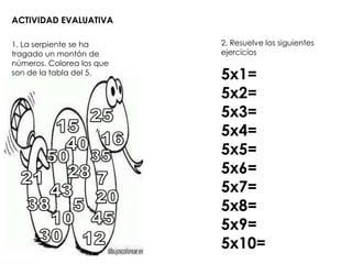 ACTIVIDAD EVALUATIVA
1. La serpiente se ha
tragado un montón de
números. Colorea los que
son de la tabla del 5.
2. Resuelve los siguientes
ejercicios
5x1=
5x2=
5x3=
5x4=
5x5=
5x6=
5x7=
5x8=
5x9=
5x10=
 