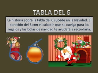 La historia sobre la tabla del 6 sucede en la Navidad. El
parecido del 6 con el calcetín que se cuelga para los
regalos y las bolas de navidad te ayudará a recordarla.

 