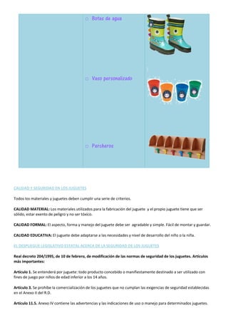 CALIDAD Y SEGURIDAD EN LOS JUGUETES
Todos los materiales y juguetes deben cumplir una serie de criterios.
CALIDAD MATERIAL: Los materiales utilizados para la fabricación del juguete y el propio juguete tiene que ser
sólido, estar exento de peligro y no ser tóxico.
CALIDAD FORMAL: El aspecto, forma y manejo del juguete debe ser agradable y simple. Fácil de montar y guardar.
CALIDAD EDUCATIVA: El juguete debe adaptarse a las necesidades y nivel de desarrollo del niño o la niña.
EL DESPLIEGUE LEGISLATIVO ESTATAL ACERCA DE LA SEGURIDAD DE LOS JUGUETES
Real decreto 204/1995, de 10 de febrero, de modificación de las normas de seguridad de los juguetes. Artículos
más importantes:
Artículo 1. Se entenderá por juguete: todo producto concebido o manifiestamente destinado a ser utilizado con
fines de juego por niños de edad inferior a los 14 años.
Artículo 3. Se prohíbe la comercialización de los juguetes que no cumplan las exigencias de seguridad establecidas
en el Anexo II del R.D.
Artículo 11.5. Anexo IV contiene las advertencias y las indicaciones de uso o manejo para determinados juguetes.
o Botas de agua
o Vaso personalizado
o Percheros
 
