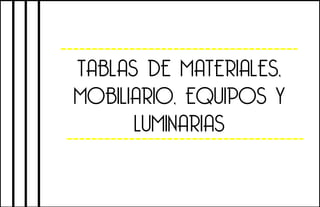 TABLAS DE MATERIALES,
MOBILIARIO, EQUIPOS Y
LUMINARIAS
 