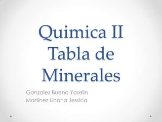 Quimica II
Tabla de
Minerales
Gonzalez Bueno Yoselin
Martinez Licona Jessica
 