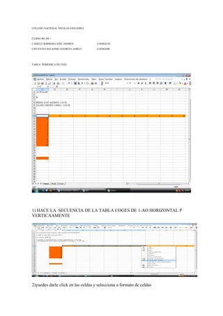 COLEGIO NACIONAL NICOLAS ESGUERRA


CURSO 905 JM +
CAMELO BARRERA JOSE ANDRES          CODIGO 05
CIFUENTES SOLANMO ANDRES CAMILO     CODIGO06




TABLA PERIODICA DE EXEL




1) HACE LA SECUENCIA DE LA TABLA COGES DE 1-AO HORIZONTAL P
VERTICAAMENTE




2)yuedes darle click en las celdas y selecciona a formato de celdas
 