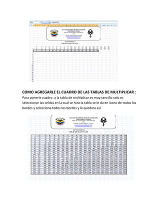 COMO AGREGARLE EL CUADRO DE LAS TABLAS DE MULTIPLICAR :
Para ponerle cuadro a la tabla de multiplicar es muy sencillo solo es
seleccionar las celdas en la cual se hizo la tabla se le da en icono de todos los
bordes y selecciona todos los bordes y le quedara así

 