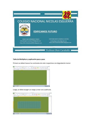 Tabla de Multiplicar y explicación paso a paso
Primero se deben buscar los contrastes de color respectivos con degradación menor
Luego, se debe escoger un rango y crear una cuadricula.