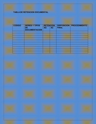 TABLA DE RETENCION DOCUMENTAL
CODIGO SERIES Y TIPOS
DE
DOCUMENTACION
RETENCION DISPOSICION
FINAL
PROCEDIMIENTO
AG AC
 