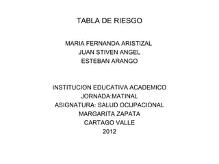 TABLA DE RIESGO


   MARIA FERNANDA ARISTIZAL
      JUAN STIVEN ANGEL
       ESTEBAN ARANGO



INSTITUCION EDUCATIVA ACADEMICO
        JORNADA:MATINAL
 ASIGNATURA: SALUD OCUPACIONAL
        MARGARITA ZAPATA
         CARTAGO VALLE
              2012
 