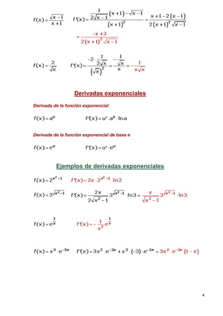 4
Derivadas exponenciales
Derivada de la función exponencial
Derivada de la función exponencial de base e
Ejemplos de derivadas exponenciales
 