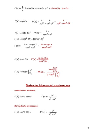 8
Derivadas trigonométricas inversas
Derivada del arcoseno
Derivada del arcocoseno
 