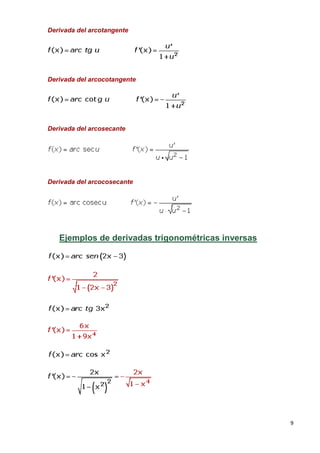 9
Derivada del arcotangente
Derivada del arcocotangente
Derivada del arcosecante
Derivada del arcocosecante
Ejemplos de derivadas trigonométricas inversas
 