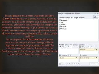 Excel agregará en la parte izquierda del libro
la tabla dinámica y en la parte derecha la lista de
campos. Esta lista de campos está dividida en dos
secciones, primero la lista de todos los campos de
los cuales podremos elegir y por debajo una zona a
donde arrastraremos los campos que darán forma
al reporte ya sea como columna, fila, valor o como
un filtro.
Para completar la tabla dinámica debemos
arrastrar los campos al área correspondiente.
Siguiendo el ejemplo propuesto del artículo
anterior, colocaré como columna el campo
Producto y como fila al campo Ciudad. Finalmente
como valores colocaré el campo Ventas.
 