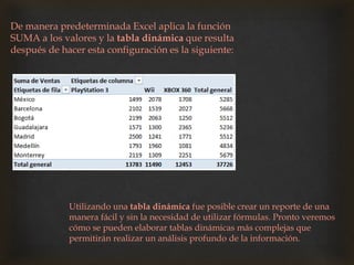 De manera predeterminada Excel aplica la función
SUMA a los valores y la tabla dinámica que resulta
después de hacer esta configuración es la siguiente:
Utilizando una tabla dinámica fue posible crear un reporte de una
manera fácil y sin la necesidad de utilizar fórmulas. Pronto veremos
cómo se pueden elaborar tablas dinámicas más complejas que
permitirán realizar un análisis profundo de la información.
 
