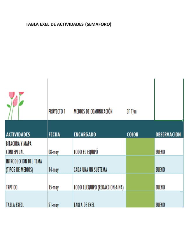 Tabla Exel De Actividades