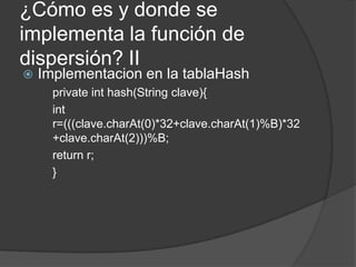 ¿Cómo es y donde se implementa la función de dispersión? IIImplementacion en la tablaHashprivateint hash(String clave){int r=(((clave.charAt(0)*32+clave.charAt(1)%B)*32+clave.charAt(2)))%B;return r;}