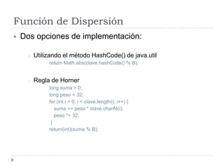 Función de DispersiónExploración cuadráticaposicion += i * i; posicion = posicion % B;Devuelve un número entre 0 y B-1, que representa la posición dentro de la tabla hash en la que se encuentra el objeto buscado o en la que se ha de insertar un elemento.Función de DispersiónDos opciones de implementación: