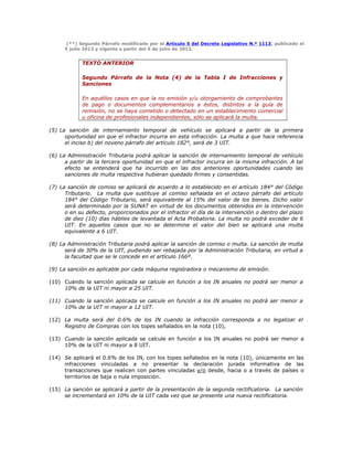(**) Segundo Párrafo modificado por el Artículo 5 del Decreto Legislativo N.º 1113, publicado el
5 julio 2012 y vigente a partir del 6 de julio de 2012.
TEXTO ANTERIOR
Segundo Párrafo de la Nota (4) de la Tabla I de Infracciones y
Sanciones
En aquéllos casos en que la no emisión y/u otorgamiento de comprobantes
de pago o documentos complementarios a éstos, distintos a la guía de
remisión, no se haya cometido o detectado en un establecimiento comercial
u oficina de profesionales independientes, sólo se aplicará la multa.
(5) La sanción de internamiento temporal de vehículo se aplicará a partir de la primera
oportunidad en que el infractor incurra en esta infracción. La multa a que hace referencia
el inciso b) del noveno párrafo del artículo 182°, será de 3 UIT.
(6) La Administración Tributaria podrá aplicar la sanción de internamiento temporal de vehículo
a partir de la tercera oportunidad en que el infractor incurra en la misma infracción. A tal
efecto se entenderá que ha incurrido en las dos anteriores oportunidades cuando las
sanciones de multa respectiva hubieran quedado firmes y consentidas.
(7) La sanción de comiso se aplicará de acuerdo a lo establecido en el artículo 184° del Código
Tributario. La multa que sustituye al comiso señalada en el octavo párrafo del artículo
184° del Código Tributario, será equivalente al 15% del valor de los bienes. Dicho valor
será determinado por la SUNAT en virtud de los documentos obtenidos en la intervención
o en su defecto, proporcionados por el infractor el día de la intervención o dentro del plazo
de diez (10) días hábiles de levantada el Acta Probatoria. La multa no podrá exceder de 6
UIT. En aquellos casos que no se determine el valor del bien se aplicará una multa
equivalente a 6 UIT.
(8) La Administración Tributaria podrá aplicar la sanción de comiso o multa. La sanción de multa
será de 30% de la UIT, pudiendo ser rebajada por la Administración Tributaria, en virtud a
la facultad que se le concede en el artículo 166º.
(9) La sanción es aplicable por cada máquina registradora o mecanismo de emisión.
(10) Cuando la sanción aplicada se calcule en función a los IN anuales no podrá ser menor a
10% de la UIT ni mayor a 25 UIT.
(11) Cuando la sanción aplicada se calcule en función a los IN anuales no podrá ser menor a
10% de la UIT ni mayor a 12 UIT.
(12) La multa será del 0.6% de los IN cuando la infracción corresponda a no legalizar el
Registro de Compras con los topes señalados en la nota (10),
(13) Cuando la sanción aplicada se calcule en función a los IN anuales no podrá ser menor a
10% de la UIT ni mayor a 8 UIT.
(14) Se aplicará el 0.6% de los IN, con los topes señalados en la nota (10), únicamente en las
infracciones vinculadas a no presentar la declaración jurada informativa de las
transacciones que realicen con partes vinculadas y/o desde, hacia o a través de países o
territorios de baja o nula imposición.
(15) La sanción se aplicará a partir de la presentación de la segunda rectificatoria. La sanción
se incrementará en 10% de la UIT cada vez que se presente una nueva rectificatoria.
 