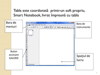 6
Tabla este coordonată printr-un soft propriu,
Smart Notebook, livrat împreună cu tabla
Bara de
meniuri
Bara de
instrumente
Spaţiul de
lucru
Buton
accesare
GALERIE
 