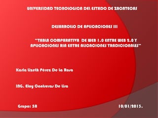 UNIVERSIDAD TECNOLOGICA DEL ESTADO DE ZACATECAS



                  DESARROLLO DE APLICACIONES III


         “TABLA COMPARATIVA DE WEB 1.0 ENTRE WEB 2.0 Y
       APLICACIONES RIA ENTRE ALICACIONES TRADICIONALES”




Karla Lizeth Pèrez De La Rosa


ING. Eloy Contreras De Lira



 Grupo: 5A                                         10/01/2013.
 