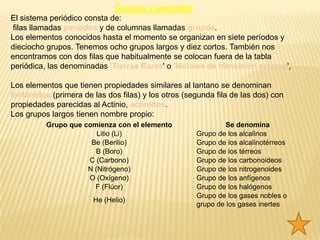 Grupos y períodos
El sistema periódico consta de:
filas llamadas períodos y de columnas llamadas grupos.
Los elementos conocidos hasta el momento se organizan en siete períodos y
dieciocho grupos. Tenemos ocho grupos largos y diez cortos. También nos
encontramos con dos filas que habitualmente se colocan fuera de la tabla
periódica, las denominadas 'Tierras Raras' o 'Metales de transición externa',

Los elementos que tienen propiedades similares al lantano se denominan
lantánidos (primera de las dos filas) y los otros (segunda fila de las dos) con
propiedades parecidas al Actinio, actínidos.
Los grupos largos tienen nombre propio:
          Grupo que comienza con el elemento                  Se denomina
                        Litio (Li)                   Grupo de los alcalinos
                      Be (Berilio)                   Grupo de los alcalinotérreos
                       B (Boro)                      Grupo de los térreos
                     C (Carbono)                     Grupo de los carbonoideos
                     N (Nitrógeno)                   Grupo de los nitrogenoides
                     O (Oxígeno)                     Grupo de los anfígenos
                       F (Flúor)                     Grupo de los halógenos
                                                     Grupo de los gases nobles o
                       He (Helio)
                                                     grupo de los gases inertes
 