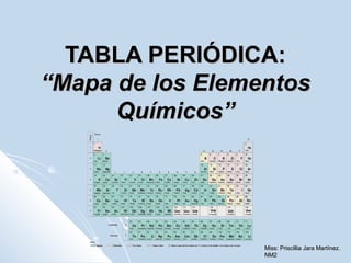 TABLA PERIÓDICA:TABLA PERIÓDICA:
“Mapa de los Elementos“Mapa de los Elementos
Químicos”Químicos”
Miss: Priscillia Jara Martínez.Miss: Priscillia Jara Martínez.
NM2NM2
 