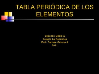 TABLA PERIÓDICA DE LOS
ELEMENTOS
Segundo Medio A
Colegio La Republica
Prof. Carmen Quintro A
2011
 