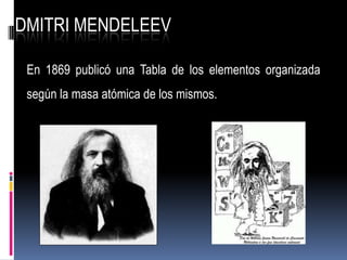 DMITRI MENDELEEV
En 1869 publicó una Tabla de los elementos organizada
según la masa atómica de los mismos.
 
