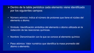  Dentro de la tabla periódica cada elemento viene identificado
por los siguientes campos:
• Número atómico: indica el número de protones que tiene el núcleo del
elemento o átomo.
• Símbolo: Identificación simbólica del elemento o átomo utilizada en la
redacción de las reacciones químicas.
• Nombre: Denominación con la que se conoce al elemento químico
• Peso atómico: Valor numérico que identifica la masa promedio del
átomo o elemento.
 