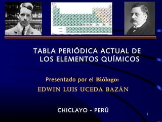 1
TABLA PERIÓDICA ACTUAL DE
LOS ELEMENTOS QUÍMICOS
Presentado por el Biólogo:
EDWIN LUIS UCEDA BAZÁN
CHICLAYO - PERÚ
 