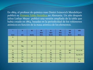 En 1869, el profesor de química ruso Dmitri Ivánovich Mendeléyev
publicó su Primera Tabla Periódica en Alemania. Un año después
Julius Lothar Meyer publicó una versión ampliada de la tabla que
había creado en 1864, basadas en la periodicidad de los volúmenes
atómicos en función de la masa atómica de los elementos.
 