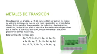 METALES DE TRANSICÓN 
Situados entre los grupos 3 y 12, se caracterizan porque sus electrones 
de valencia proceden de más de una capa y presentan las propiedades 
típicas de los metales: buena conducción del calor y la electricidad, 
ductilidad, maleabilidad y brillo metálico. Particularmente importantes 
son el hierro, el cobalto y el níquel, únicos elementos capaces de 
producir un campo magnético. 
Esta familia está formada por: 
Sc, Ti, V, Cr, Mn, Fe, Co, Ni, Cu, Zn, 
Y, Zr, Nb, Mo, Tc, Ru, Rh, Pd, Ag, Cd, 
Lu, Hf, Ta, W, Re, Os, Ir, Pt, Au, Hg, 
 