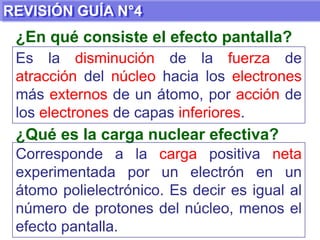 REVISIÓN GUÍA N°4C) Elemento de Transición:Elementos cuya configuración electrónica terminan en los subniveles d, es decir, tienen dicho subnivel incompleto.D) Elemento de Transición Interna:Elementos que se caracterizan por terminar su configuración electrónica en los subniveles f. Comprenden la serie de Lantánidos y Actínidos.