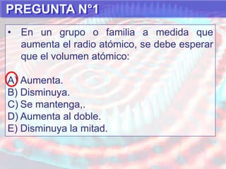 REVISIÓN GUÍA N°4A) Electronegatividad:Tendencia o fuerza que posee un átomo, en una molécula, para atraer hacia sí electrones de enlace.B) Radio atómico:Distancia entre el núcleo y el último electrón. Su cálculo se determina como la mitad de la distancia entre dos núcleos de átomo iguales.