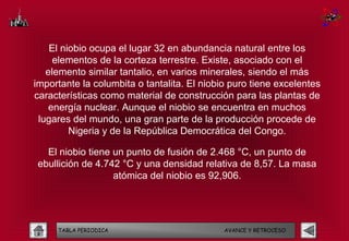 El niobio ocupa el lugar 32 en abundancia natural entre los
     elementos de la corteza terrestre. Existe, asociado con el
   elemento similar tantalio, en varios minerales, siendo el más
importante la columbita o tantalita. El niobio puro tiene excelentes
características como material de construcción para las plantas de
    energía nuclear. Aunque el niobio se encuentra en muchos
 lugares del mundo, una gran parte de la producción procede de
         Nigeria y de la República Democrática del Congo.

  El niobio tiene un punto de fusión de 2.468 °C, un punto de
ebullición de 4.742 °C y una densidad relativa de 8,57. La masa
                  atómica del niobio es 92,906.




     TABLA PERIODICA                         AVANCE Y RETROCESO
 
