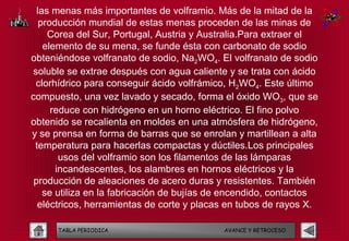 las menas más importantes de volframio. Más de la mitad de la
   producción mundial de estas menas proceden de las minas de
     Corea del Sur, Portugal, Austria y Australia.Para extraer el
    elemento de su mena, se funde ésta con carbonato de sodio
obteniéndose volfranato de sodio, Na2WO4. El volfranato de sodio
soluble se extrae después con agua caliente y se trata con ácido
 clorhídrico para conseguir ácido volfrámico, H2WO4. Este último
compuesto, una vez lavado y secado, forma el óxido WO3, que se
      reduce con hidrógeno en un horno eléctrico. El fino polvo
obtenido se recalienta en moldes en una atmósfera de hidrógeno,
y se prensa en forma de barras que se enrolan y martillean a alta
 temperatura para hacerlas compactas y dúctiles.Los principales
        usos del volframio son los filamentos de las lámparas
       incandescentes, los alambres en hornos eléctricos y la
 producción de aleaciones de acero duras y resistentes. También
    se utiliza en la fabricación de bujías de encendido, contactos
  eléctricos, herramientas de corte y placas en tubos de rayos X.

      TABLA PERIODICA                       AVANCE Y RETROCESO
 