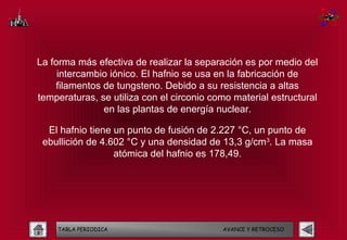 La forma más efectiva de realizar la separación es por medio del
     intercambio iónico. El hafnio se usa en la fabricación de
    filamentos de tungsteno. Debido a su resistencia a altas
temperaturas, se utiliza con el circonio como material estructural
               en las plantas de energía nuclear.

  El hafnio tiene un punto de fusión de 2.227 °C, un punto de
 ebullición de 4.602 °C y una densidad de 13,3 g/cm3. La masa
                  atómica del hafnio es 178,49.




    TABLA PERIODICA                        AVANCE Y RETROCESO
 