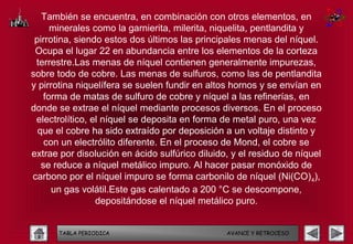 También se encuentra, en combinación con otros elementos, en
      minerales como la garnierita, milerita, niquelita, pentlandita y
 pirrotina, siendo estos dos últimos las principales menas del níquel.
 Ocupa el lugar 22 en abundancia entre los elementos de la corteza
 terrestre.Las menas de níquel contienen generalmente impurezas,
sobre todo de cobre. Las menas de sulfuros, como las de pentlandita
y pirrotina niquelífera se suelen fundir en altos hornos y se envían en
    forma de matas de sulfuro de cobre y níquel a las refinerías, en
donde se extrae el níquel mediante procesos diversos. En el proceso
 electrolítico, el níquel se deposita en forma de metal puro, una vez
  que el cobre ha sido extraído por deposición a un voltaje distinto y
    con un electrólito diferente. En el proceso de Mond, el cobre se
extrae por disolución en ácido sulfúrico diluido, y el residuo de níquel
   se reduce a níquel metálico impuro. Al hacer pasar monóxido de
carbono por el níquel impuro se forma carbonilo de níquel (Ni(CO) 4),
      un gas volátil.Este gas calentado a 200 °C se descompone,
                 depositándose el níquel metálico puro.


      TABLA PERIODICA                           AVANCE Y RETROCESO
 