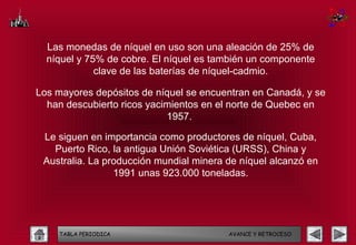 Las monedas de níquel en uso son una aleación de 25% de
  níquel y 75% de cobre. El níquel es también un componente
             clave de las baterías de níquel-cadmio.

Los mayores depósitos de níquel se encuentran en Canadá, y se
  han descubierto ricos yacimientos en el norte de Quebec en
                            1957.

 Le siguen en importancia como productores de níquel, Cuba,
   Puerto Rico, la antigua Unión Soviética (URSS), China y
 Australia. La producción mundial minera de níquel alcanzó en
                 1991 unas 923.000 toneladas.




    TABLA PERIODICA                      AVANCE Y RETROCESO
 