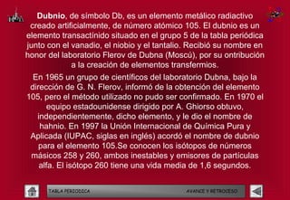 Dubnio, de símbolo Db, es un elemento metálico radiactivo
 creado artificialmente, de número atómico 105. El dubnio es un
elemento transactínido situado en el grupo 5 de la tabla periódica
junto con el vanadio, el niobio y el tantalio. Recibió su nombre en
honor del laboratorio Flerov de Dubna (Moscú), por su ontribución
             a la creación de elementos transfermios.
  En 1965 un grupo de científicos del laboratorio Dubna, bajo la
 dirección de G. N. Flerov, informó de la obtención del elemento
105, pero el método utilizado no pudo ser confirmado. En 1970 el
       equipo estadounidense dirigido por A. Ghiorso obtuvo,
   independientemente, dicho elemento, y le dio el nombre de
    hahnio. En 1997 la Unión Internacional de Química Pura y
 Aplicada (IUPAC, siglas en inglés) acordó el nombre de dubnio
    para el elemento 105.Se conocen los isótopos de números
 másicos 258 y 260, ambos inestables y emisores de partículas
    alfa. El isótopo 260 tiene una vida media de 1,6 segundos.


      TABLA PERIODICA                        AVANCE Y RETROCESO
 