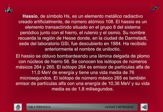 Hassio, de símbolo Hs, es un elemento metálico radiactivo
 creado artificialmente, de número atómico 108. El hassio es un
    elemento transactínido situado en el grupo 8 del sistema
  periódico junto con el hierro, el rutenio y el osmio. Su nombre
 recuerda la región de Hesse donde, en la ciudad de Darmstadt,
  sede del laboratorio GSI, fue descubierto en 1984. Ha recibido
               anteriormente el nombre de uniloctio.
El hassio se obtuvo bombardeando una lámina delgada de plomo
 con núcleos de hierro 58. Se conocen los isótopos de números
másicos 264 y 265. El isótopo 264 es emisor de partículas alfa de
       11,0 MeV de energía y tiene una vida media de 76
  microsegundos. El isótopo de número másico 265 es también
emisor de partículas alfa con una energía de 10,36 MeV y su vida
                 media es de 1,8 milisegundos.


     TABLA PERIODICA                       AVANCE Y RETROCESO
 