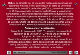 Cobre, de símbolo Cu, es uno de los metales de mayor uso, de
   apariencia metálica y color pardo rojizo. El cobre es uno de los
elementos de transición de la tabla periódica, y su número atómico
   es 29.Ya era conocido en épocas prehistóricas, y las primeras
herramientas y enseres fabricados probablemente fueran de cobre.
 Se han encontrado objetos de este metal en las ruinas de muchas
civilizaciones antiguas, como en Egipto, Asia Menor, China, sureste
  de Europa, Chipre (de donde proviene la palabra cobre), Creta y
    América del Sur. El cobre puede encontrarse en estado puro.
                    Aplicaciones y propiedades
     Su punto de fusión es de 1.083 °C, mientras que su punto de
       ebullición es de unos 2.567 °C, y tiene una densidad de
                8,9 g/cm3. Su masa atómica es 63,546.
 El cobre tiene una gran variedad de aplicaciones a causa de sus
 ventajosas propiedades, como son su elevada conductividad del
   calor y electricidad, la resistencia a la corrosión, así como su
         maleabilidad y ductilidad, además de su belleza.

       TABLA PERIODICA                       AVANCE Y RETROCESO
 