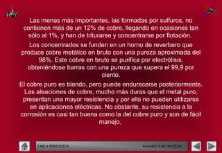Las menas más importantes, las formadas por sulfuros, no
 contienen más de un 12% de cobre, llegando en ocasiones tan
   sólo al 1%, y han de triturarse y concentrarse por flotación.
   Los concentrados se funden en un horno de reverbero que
produce cobre metálico en bruto con una pureza aproximada del
      98%. Este cobre en bruto se purifica por electrólisis,
  obteniéndose barras con una pureza que supera el 99,9 por
                            ciento.
El cobre puro es blando, pero puede endurecerse posteriormente.
  Las aleaciones de cobre, mucho más duras que el metal puro,
 presentan una mayor resistencia y por ello no pueden utilizarse
    en aplicaciones eléctricas. No obstante, su resistencia a la
corrosión es casi tan buena como la del cobre puro y son de fácil
                             manejo.


      TABLA PERIODICA                      AVANCE Y RETROCESO
 