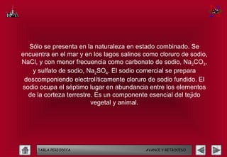 Sólo se presenta en la naturaleza en estado combinado. Se
encuentra en el mar y en los lagos salinos como cloruro de sodio,
NaCl, y con menor frecuencia como carbonato de sodio, Na2CO3,
   y sulfato de sodio, Na2SO4. El sodio comercial se prepara
 descomponiendo electrolíticamente cloruro de sodio fundido. El
sodio ocupa el séptimo lugar en abundancia entre los elementos
  de la corteza terrestre. Es un componente esencial del tejido
                         vegetal y animal.




     TABLA PERIODICA                       AVANCE Y RETROCESO
 